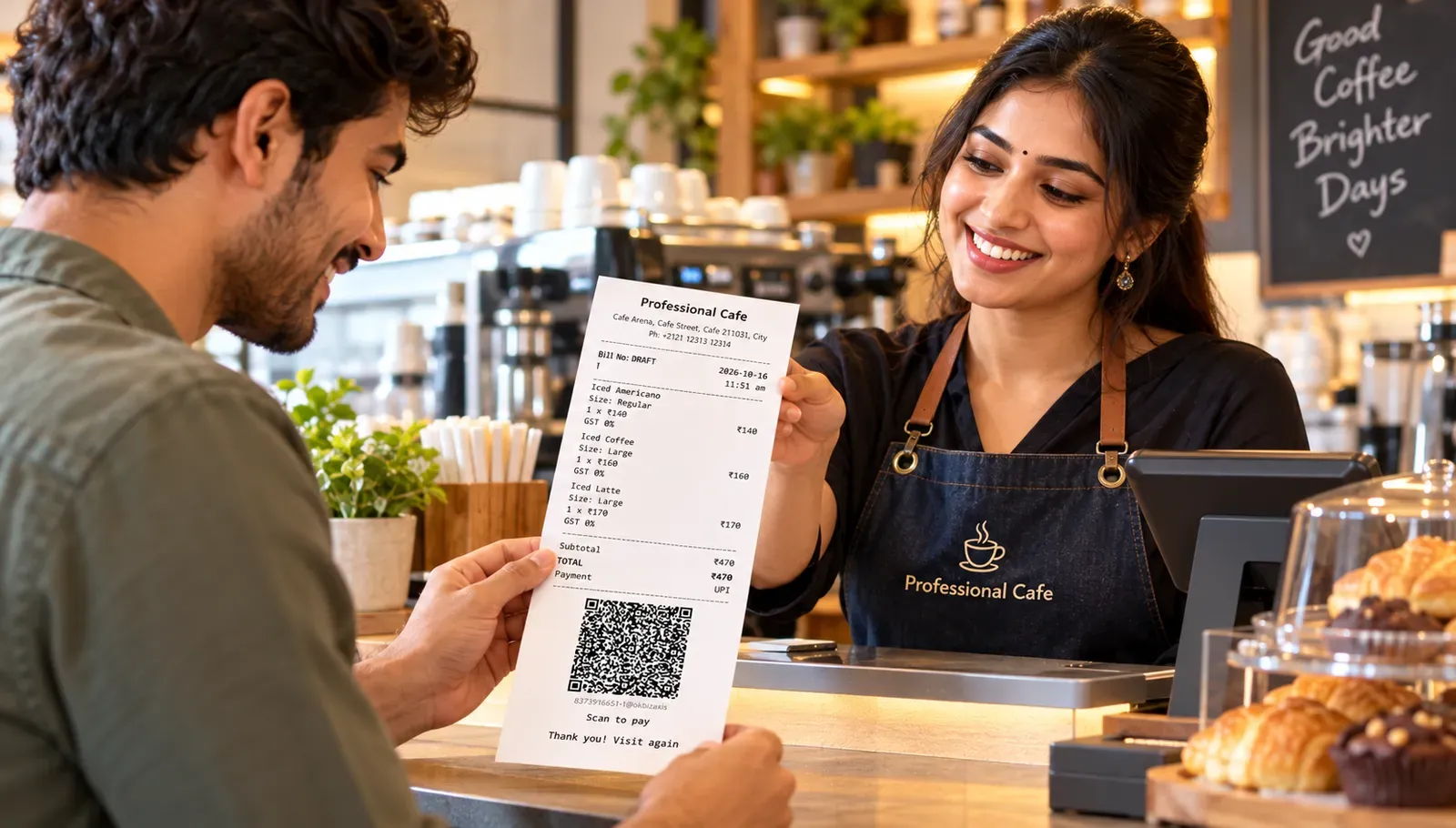 Professional Bill — thermal invoice with UPI QR in a café