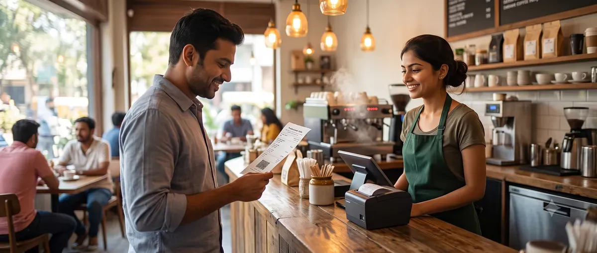 Professional Bill — thermal receipt with UPI QR at a café counter
